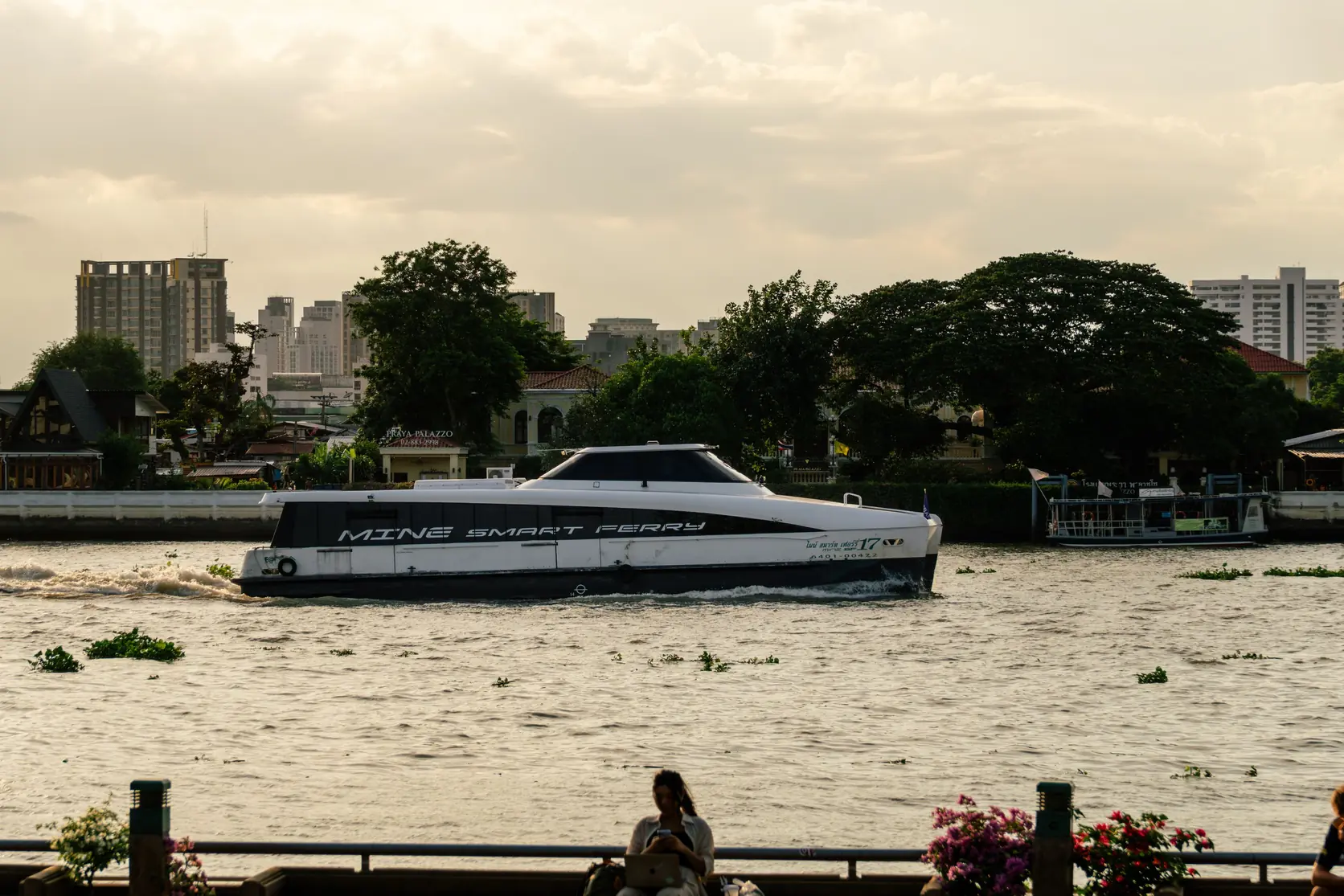 An electric ferry on the Chao Phraya River in Bangkok